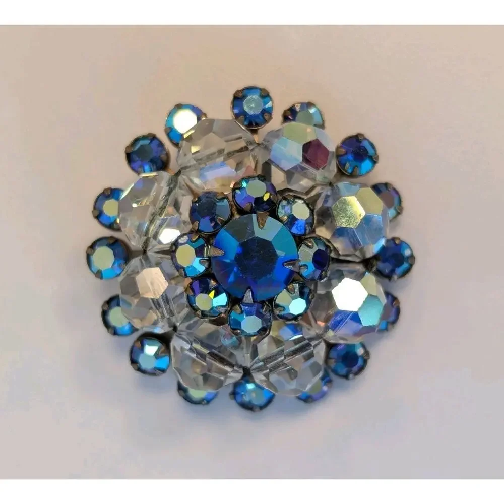Vintage Blue Aurora Borealis Rhinestone Crystal Bead Flower Brooch Silver Tone